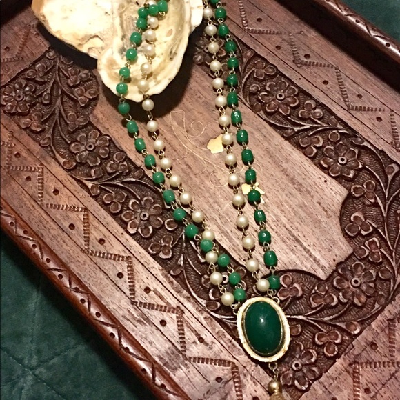 Antique faux flapper tassel necklaces green pearl - Picture 1 of 5